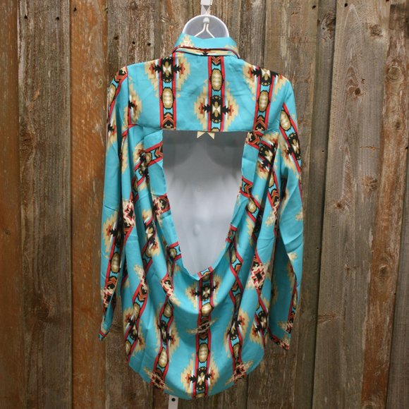 **Last One** Turquoise Aztec Print Blouse Chiffon Open Back NWT - Picture 6 of 7